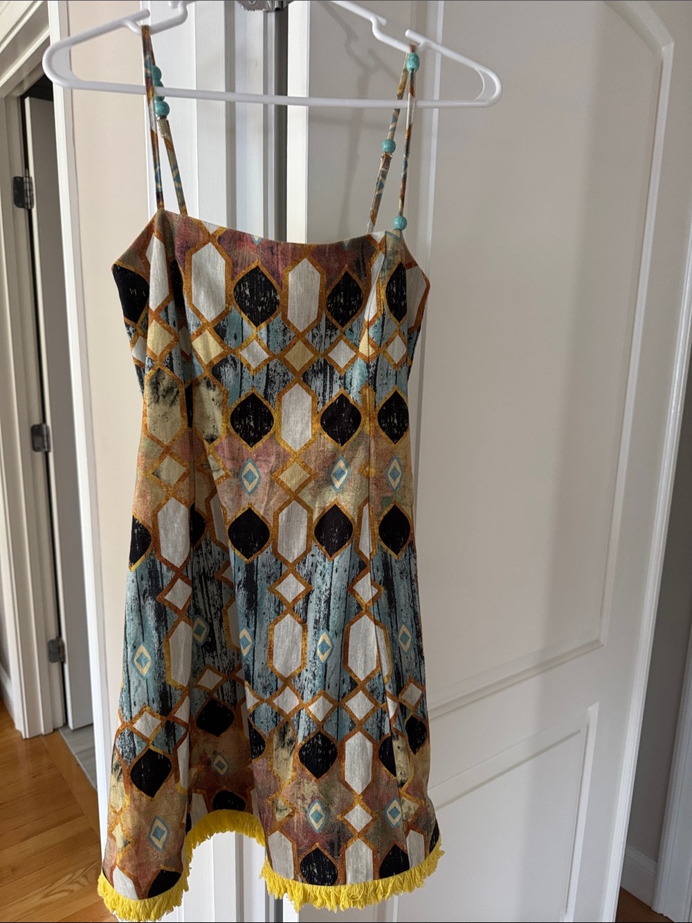 Christian Lacroix Geometric Print Spaghetti-Strap Dress in Mustard & Aqua xs